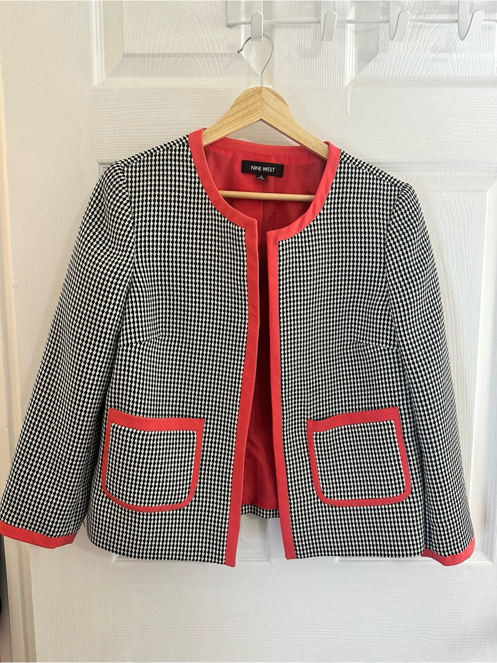 Nine West Black & White Houndstooth Jacket with Coral Trim Accents